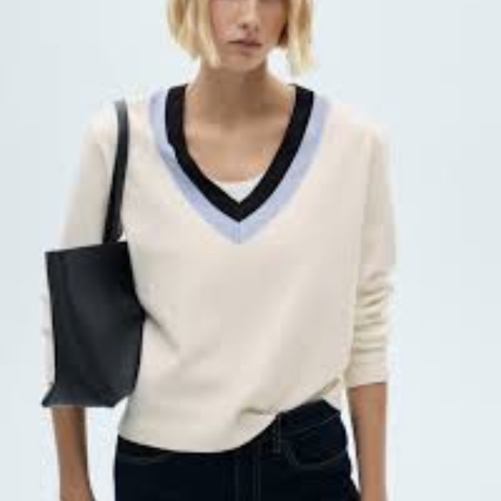 Mango Women's V-Neck Sweater with Blue and Black Stripes NWOT